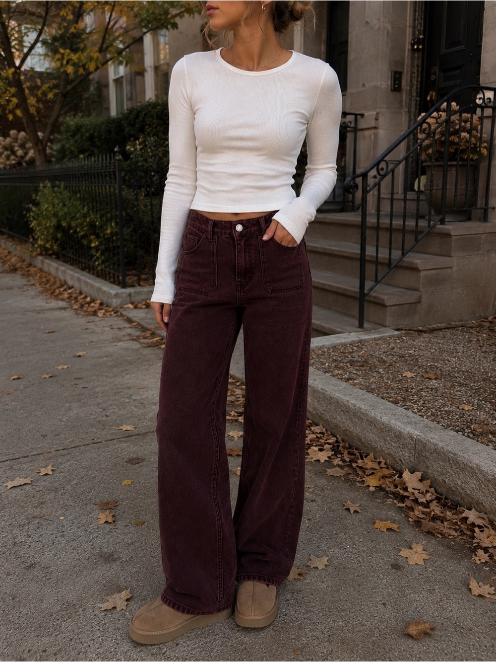 Mango Wide-Leg High-Rise Jeans in Dark Burgundy